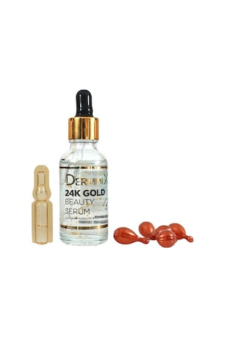 Derminix 24K Gold Beauty Serum 30 ML + E Vitamini Ginseng Cilt Bakım Kapsülü + Anti-Age Cilt Bakım Ampulü 6 x 2 ML