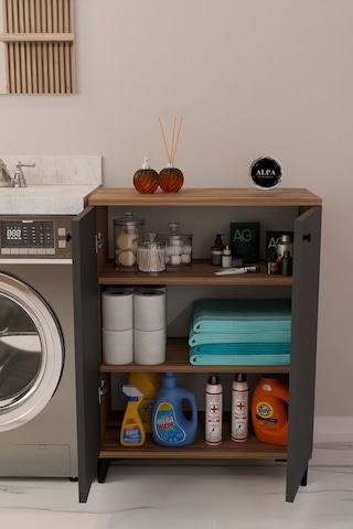 Çok Amaçlı Banyo & Çamaşır Odası Dolabı, Ayarlanabilir Raflı, Kapaklı Modern Banyo Dolabı Atlantik Çam - Antrasit