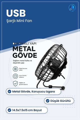 Masaüstü Mini Fan Usb Şarjlı Metal Gövde 14.5x7.5x15 Cm Sessiz Ta