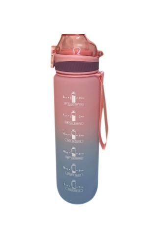 1000 Ml Plastik Motivasyon Matarası Pipetli, Kilitli Ve Taşıma Kulplu Açık Pembe - Mavi