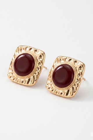 Gold Dörtgen Vintage Bordo Mineli Küpe Renkli