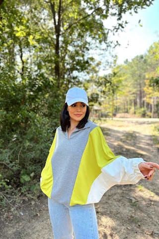 WeShaya Kadın Gri Polo Yaka, Uzun Yarasa Kol, Lastikli Manşet, Asimetrik Color Block, Salaş Sweatshirt Bluz Gri