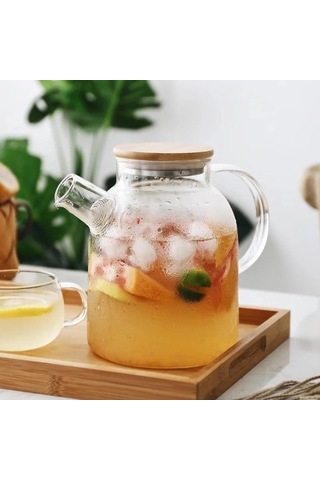 Reoona Borosilikat Cam Bambu Kapaklı Bitki Çayı Demliği & Sürahi 1500 Ml Şeffaf