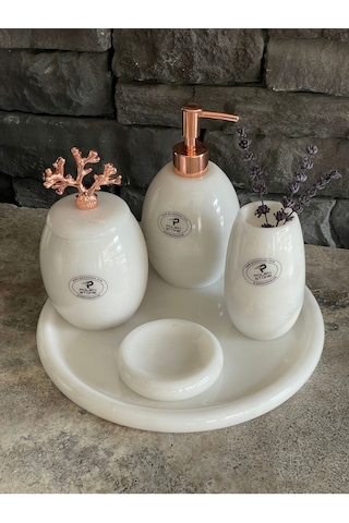 Beyazı Mermer Rose Gold Mercan Aksesuarlı Oval 5,li Banyo Seti Beyaz