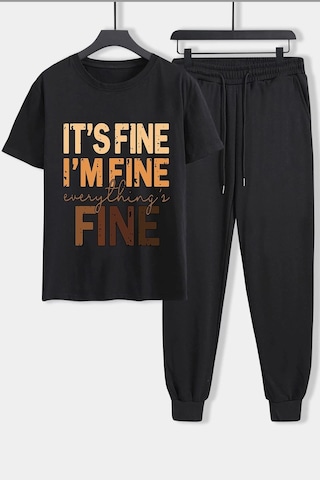 Uyguntarz Unisex Fine Baskılı 2'li Eşofman Takımı Siyah