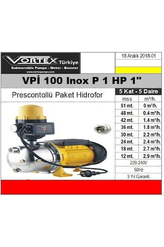 Vortex Vpı 100 Inox 1 Hp Çelik Fanlı Jet Prescontrollu Hidrofor