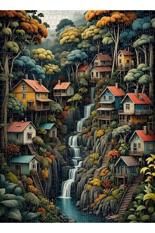 Nova Puzzle 1000 Parça Ağaçların Gölgesindeki Huzur Puzzle - Ağaçlar Arasındaki Evler