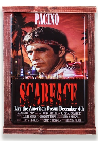 Rustik Ahşap Çerçeveli Vintage Metal Pano Scarface 20x30