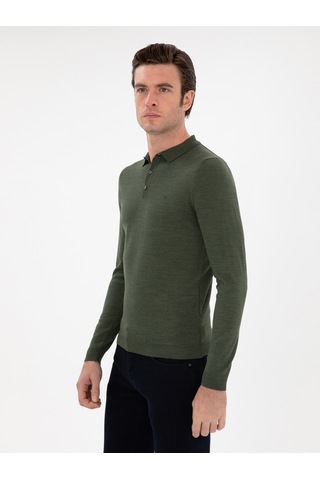 Cacharel Haki Slim Fit Yün Karışımlı Polo Yaka Basic Triko Kazak Yesıl