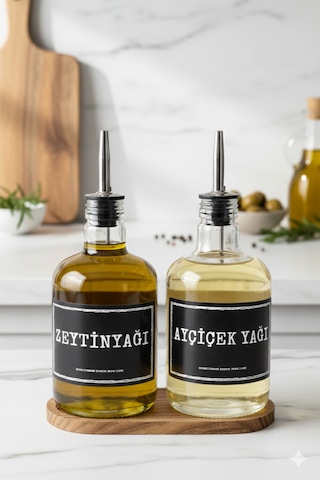 Ava Ahşap Stantlı 2'li Cam Yağdanlık Seti Ayçiçek Yağı Ve Zeytin Yağı Şişesi 500 Ml Şeffaf