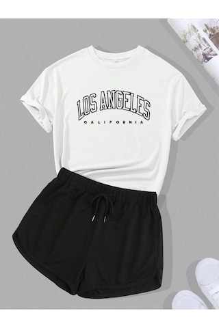Harmandar Kadın Los Angeles Baskılı T-shirt Şort Takım Beyaz-siyah