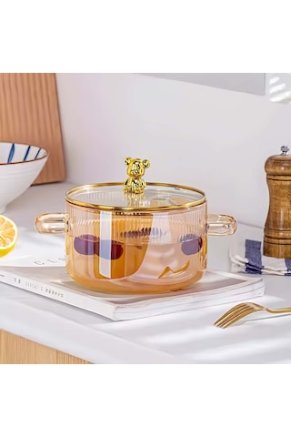 Qerhome Borosilikat Cam Ayıcıklı Teddy Tencere 1700 Ml Amber Amber