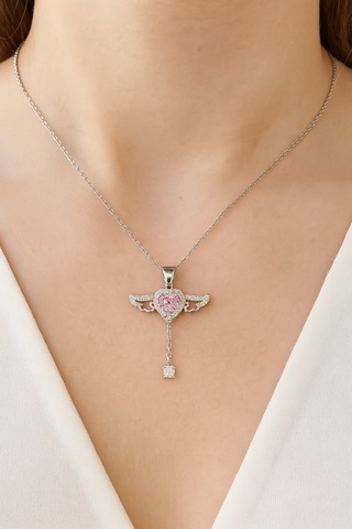 Angelight 925 Ayar Gümüş Melek Kanatlı Pembe Taş Kalpli Kadın Kolye Ort. Gümüş