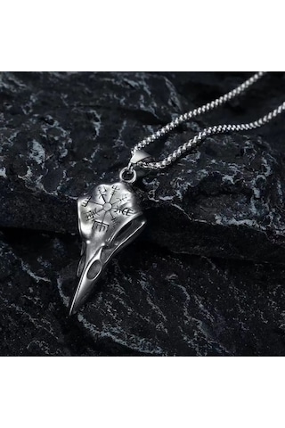 Odin Raven Vegvisir Viking İşlemeli Kuzgun Kafatası Gotik Paslanm Çok Renkli
