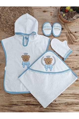 Yeni Doğan Bear Nakışlı Pareolu 4lü Erkek Bebek Havlu20 Takımı Beyaz - Mavi