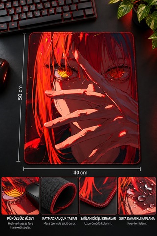 50x40 Cm Anime Kızı Makima Desenli Gaming Oyuncu Mouse Pad Kaymaz Taban Büyük Fare Altlığı