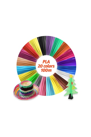 Yaozixa Pla Materyal 3d Yazıcı Kalemi Filamenti, 1.75mm Dairesel Kesit, 20 Renkli, 5m X 20 Bobin Toplam 100m , Çevre Dostu Paketli
