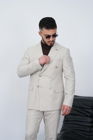 Dupont Classics Dupont Slim Fit Sivri Yaka 6 Drop Çift Yırtmaç Çizgili Viskon Kruvaze Erkek Takım Elbise Krem