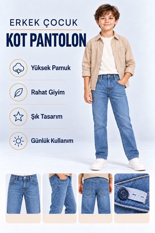 Ahengim Erkek Çocuk Desenli Kot Pantolon Düz Paça Jean Ak140493 Mavi