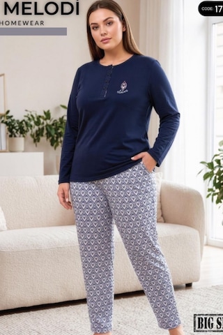 Melodi 17157 Uzun Kol %100 Pamuk Battal Büyük Beden Kadın Pijama Takımı Lacivert