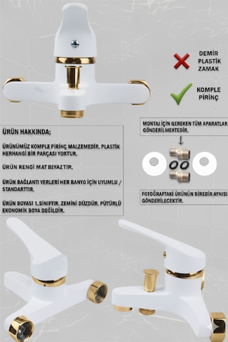 56623 Banyo Bataryası Duş Musluğu Musluk Armatür Siyah Beyaz Krom Gold Beyaz - Gold