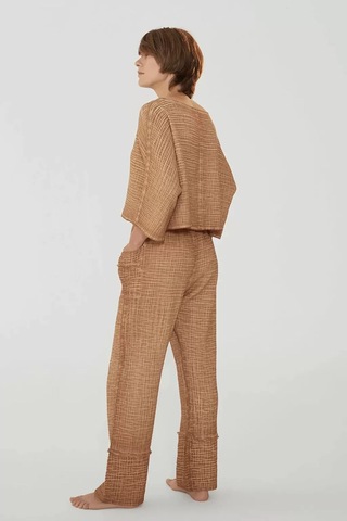 Kahverengi Yüksek Kalite Pamuk Truvakar Kollu Üst-yüksek Belli Pantolon Takım Kahverengi