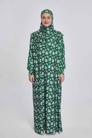 Pratik Tek Parça Manolya Desenli Namaz Elbisesi Zümrüt Zümrüt Yeşili
