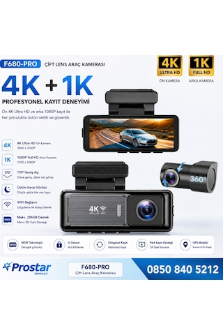 F680-pro 4k Ultra Hd Çift Kameralı Araç Kamerası Dashcam - Wifi, Gps, 24 Saat Park Modu