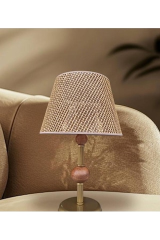 Çift Ahşaplı Abajur Eskitme Rattan Kahverengi Şapkalı Kahverengi