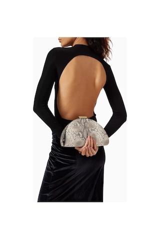 Studio Amelia Studıo Amelıa Zamora Gri Yılan Derisi Desenli, Altın Donanımlı Zarif Kadın Clutch Çanta
