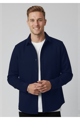 Deepsea Erkek Lacivert Kadife Fitilli Rahat Kesim Gömlek Yumuşak Dokulu Likralı Kadife Gömlek 2600758 Lacivert