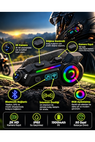 Kameralı Motosiklet Kask İnterkomu 2k Hd Video Kayıt Bluetooth 6.0 Rgb Işıklı Ip65 1500mah Kask Kulaklığı