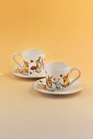 Retro Tavşan Altın Yaldızlı İki Kişilik Kahve Fincan Takımı Beyaz - Altın