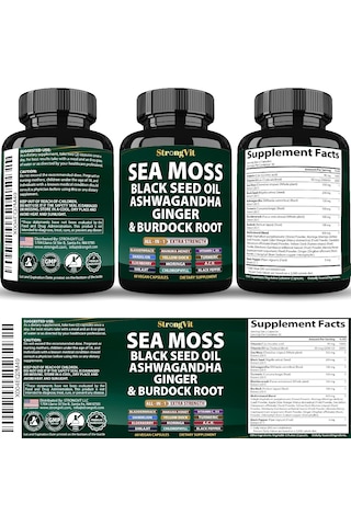 Strongvit Sea Moss Black Seed Oil,hint Ginseng, Burdock Root All-in-1 Extra Strength 60 Vegan Kapsülleri