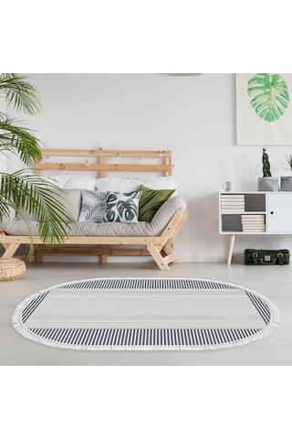Dijital Kaymaz Yıkanabilir Banyo Mutfak Salon Paspas Halısı Trend Saçaklı Oval Al4023 Mavi