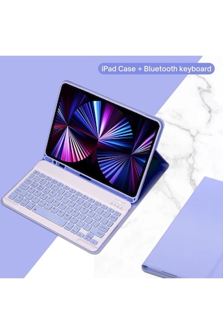 Apple Uyumlu iPad Pro 4. Nesil M2 2022 11 Inç Bluetooth Klavyeli Kılıf Kalem Bölmeli Türkçe Klavye Lila
