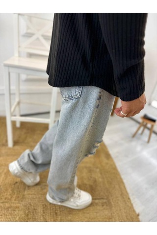 Uzun Kollu Tişört Fitilli Bisiklet Yaka Yumuşak Dokulu Tüylenmez Pamuklu Kazak Sweatshirt Siyah