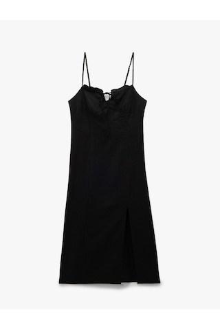 Koton Fırfırlı Yırtmaç Detaylı Volümlü Slim Fit Keten Viskon Karışımlı Askılı Midi Elbise Siyah 5sal80004ıw Siyah