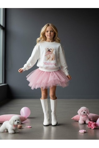 Kız Çocuk Pamuklu Köpek Baskılı Oversize Tasarım Sweatshirt-16472 Ekru