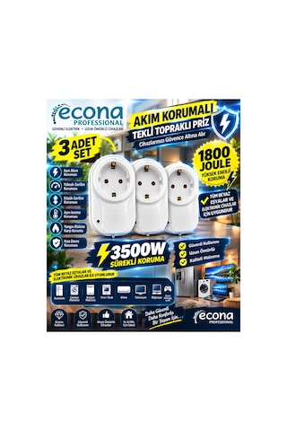 3 Adet ---3500w Akım Korumalı Tekli Topraklı Priz 3'lü Eko Set - 1800 Joule Yüksek Gerilim & Aşırı Akım Korumalı Paketi 0