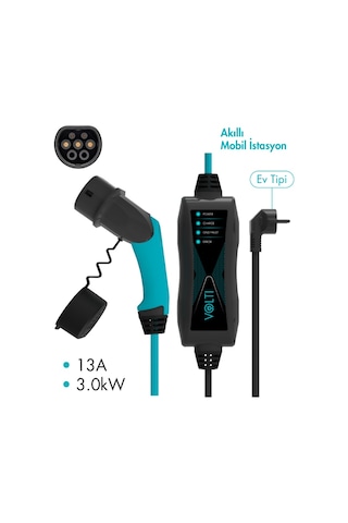 Volti GO Tip-2 3.0 kW 13A 230V AC Spiral Kablo Portatif Elektrikli Araç Şarj Kablosu 6 M