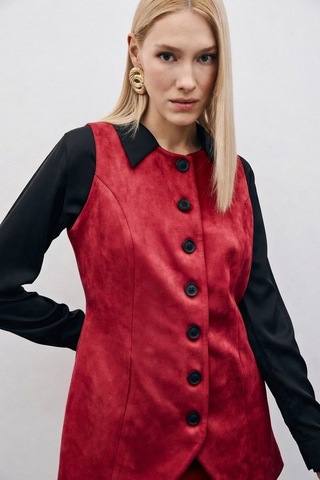 Sateen Düğmeli Uzun Süet Yelek - Bordo-135506 Bordo