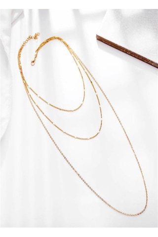X-Ladyaccessories Kadın Üçlü Şeri Zincir Kolye Gold Kaplama Katmanlı Kolye Choker U Çok Renkli