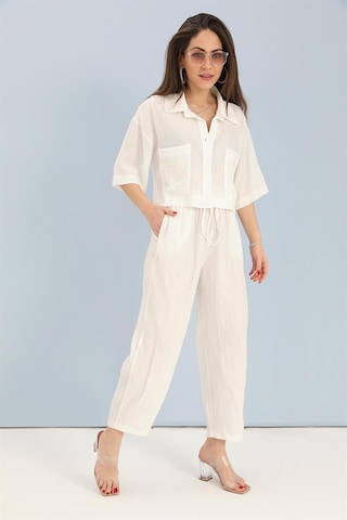 Takım Nakış Detaylı Viskon Gömlek Pantolon - Ekru-ekru Ekru