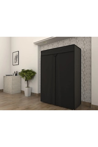 Dzgn Home Çelik Borulu Plastik Raflı Bez Dolap Gardırop - Siyah