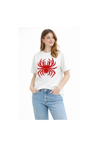 Wear Vexel Kadın Örümcek Baskılı Tişört Kısa Kollu Bisiklet Yaka T-shirt - Beyaz Beyaz