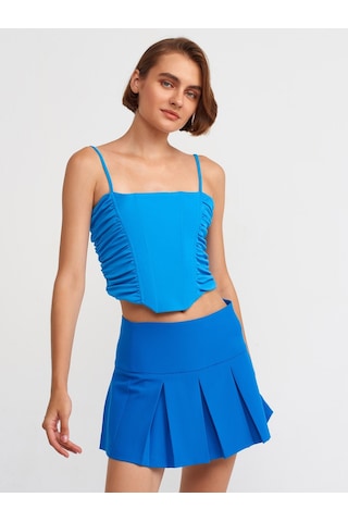 Dilvin Büzgülü Detaylı Askılı Crop Top  Mavi