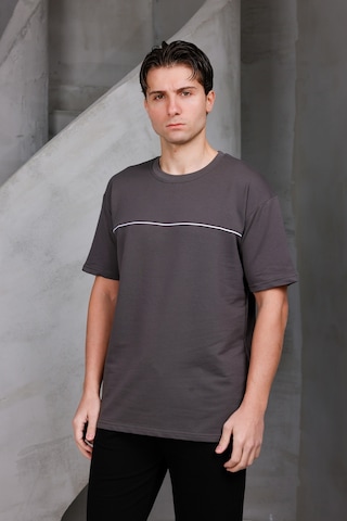 Erkek Garnili Şeritli Oversize Bisiklet Yaka 2 İki İplik Kompakt T-shirt Kahverengi