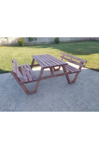 Şen Mobilya Banklı Ahşap Bahçe Masası Piknik Masası P14 Maun