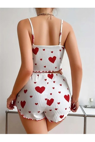 Atyticaret Kadın Pamuklu Beyaz Üstüne Kırmızı Desenli Askılı Şortlu Pijama Takımı